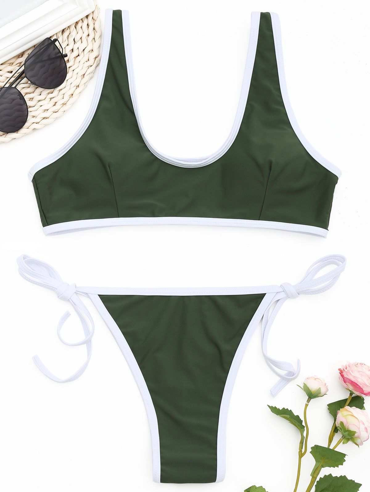 

Contrast Trim Tied Thong Bikini Set, Army green