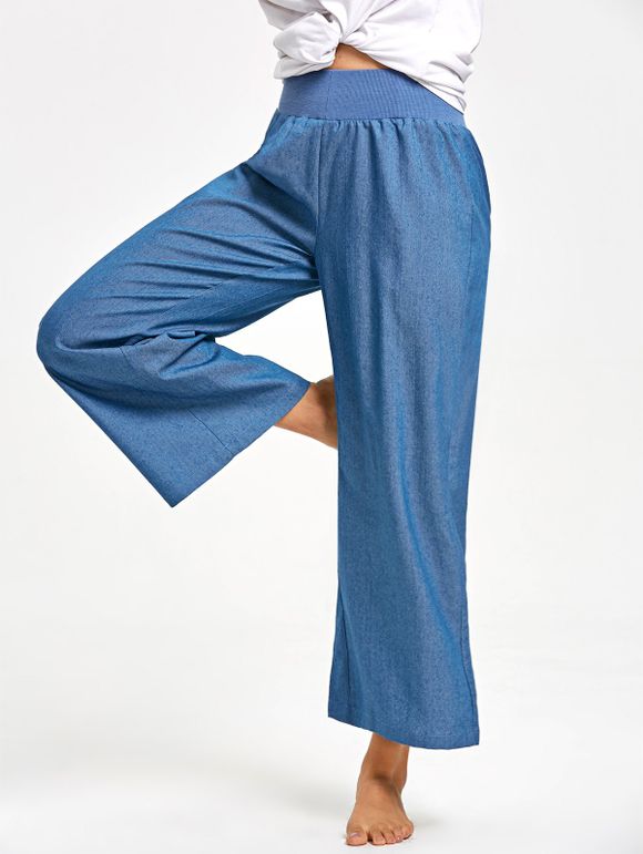 Pantalon à Taille élastique à Jambes Larges - Bleu Toile de Jean L
