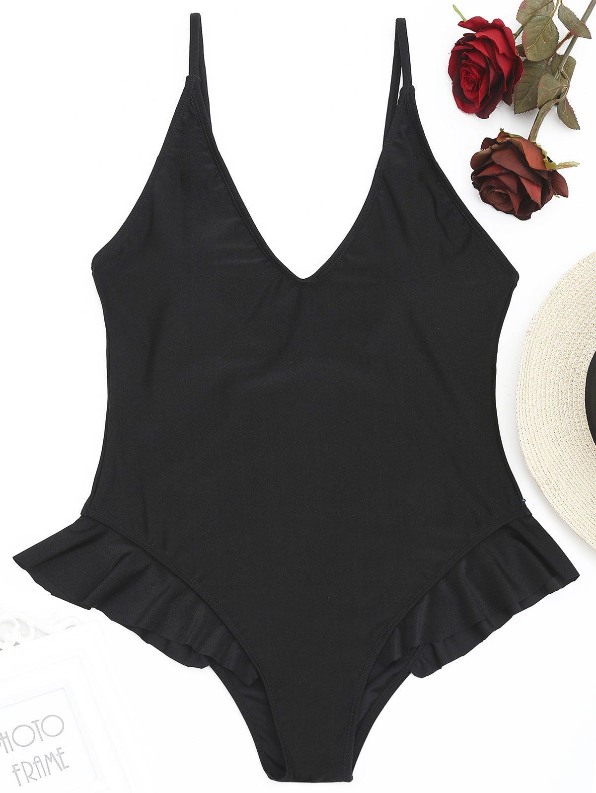 

Ruffle Padded One Piece Swimwear, Black