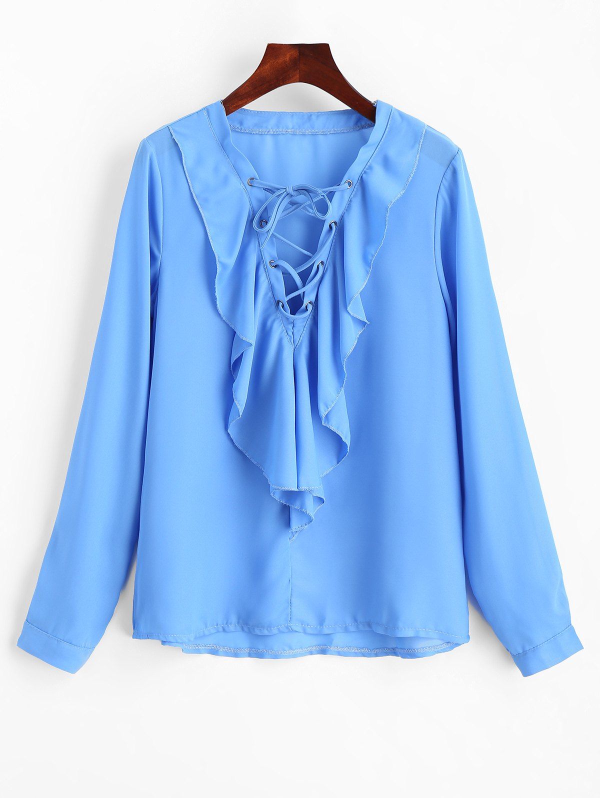 

Lace Up Ruffles Chiffon Blouse, Blue