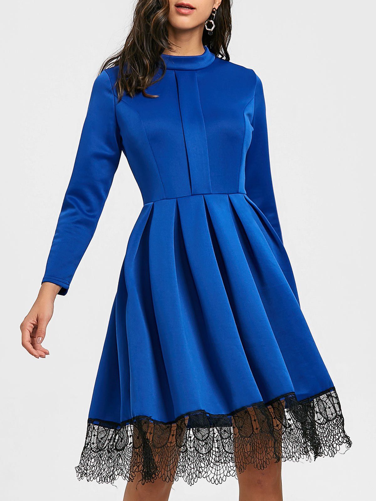 

Mock Neck Pleated Lace Trimmed Dress, Blue