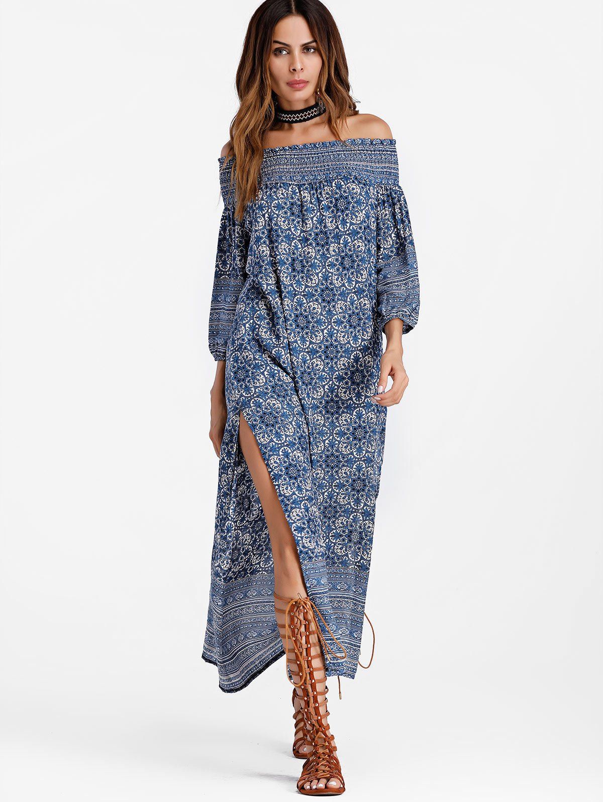 

Printed Off Shoulder Smocked Slit Maxi Dress, Blue