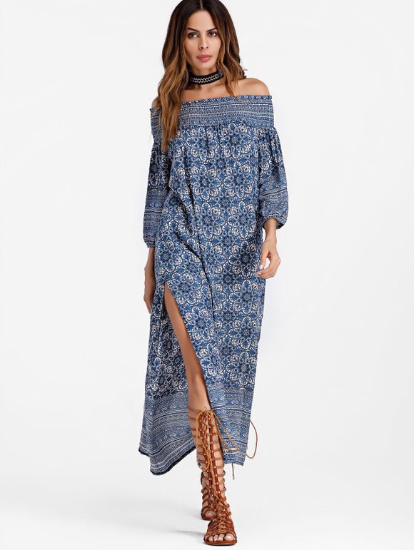 Robe Maxi Smockée Fendue Imprimée à Épaules Dénudées - Bleu XL