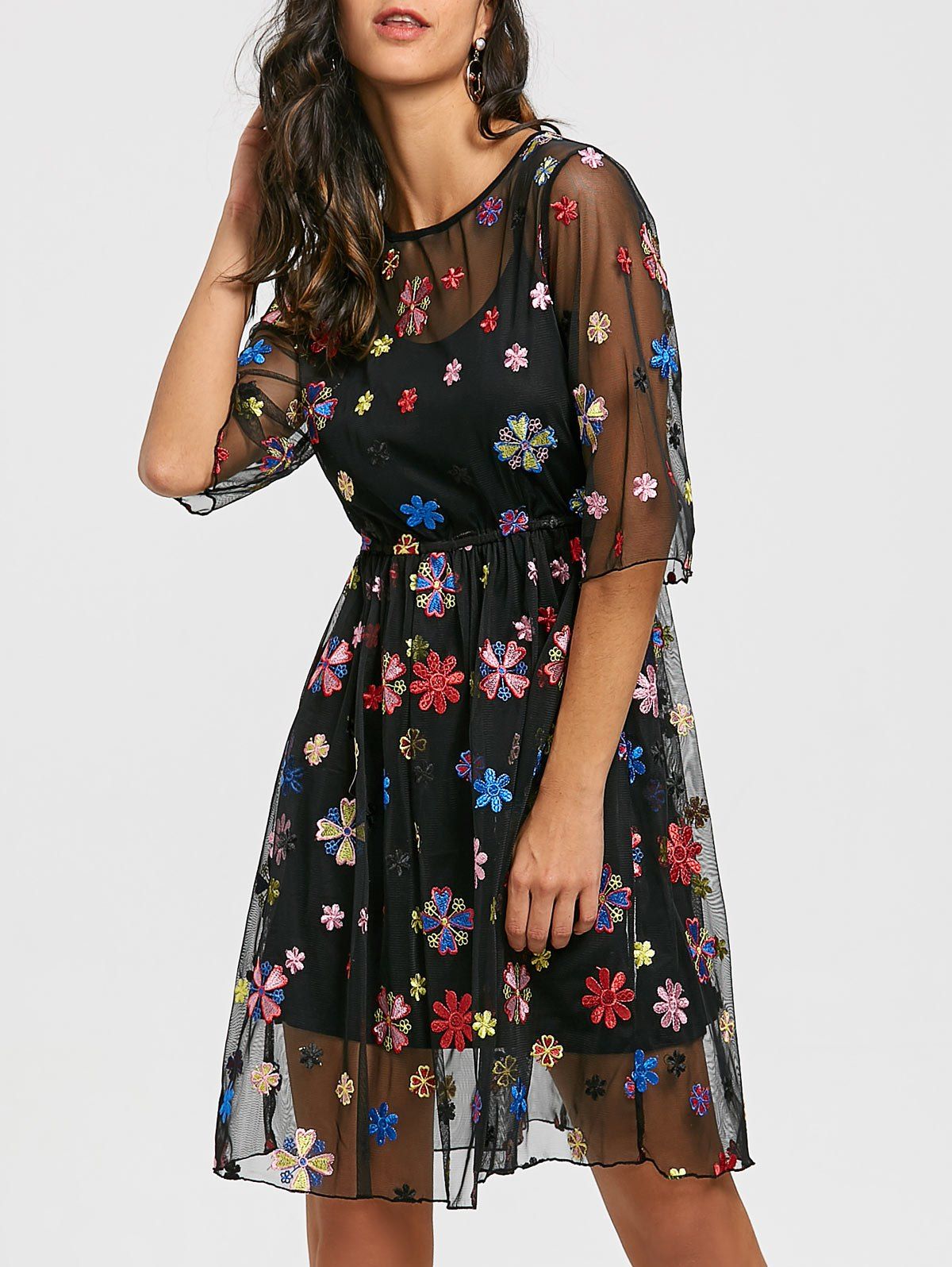 See Thru Embroidery Floral Dress and Cami Dress - BLACK M