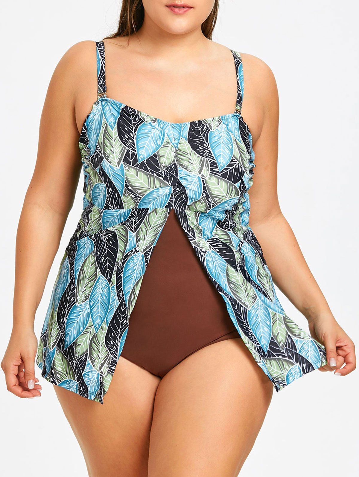 

Plus Size Slit Layered Leaf One Piece Swimwear, Blue