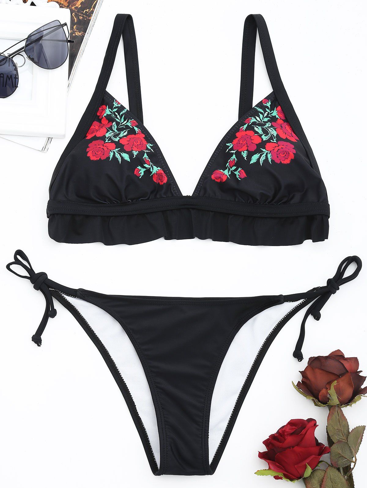 

Floral Tied Frilled Bikini Set, Black