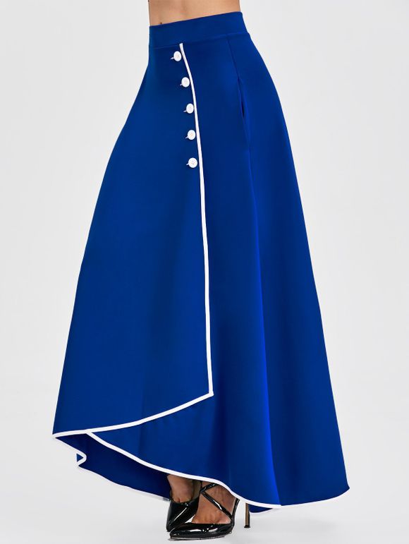 Jupe Trapèze Longue Asymétrique à Boutons - Bleu XL
