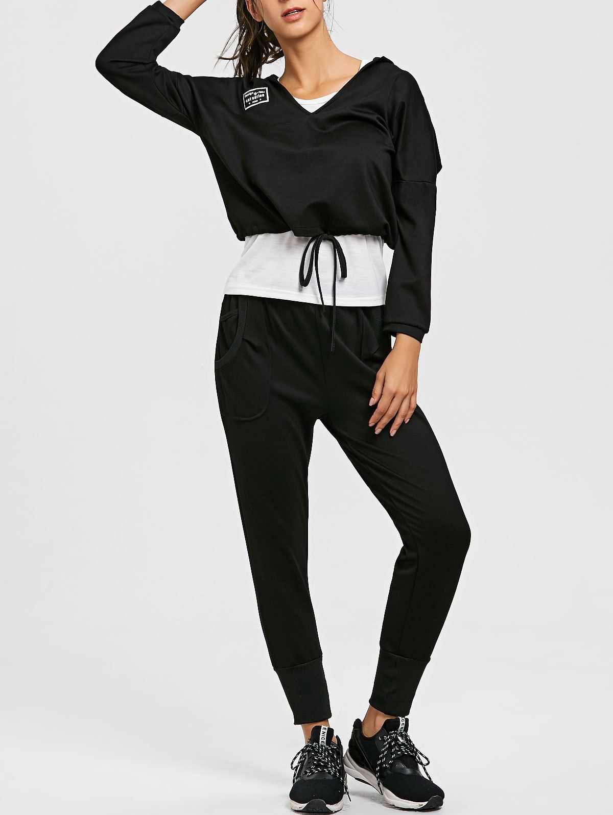 

Drop Shoulder Hoodie Racerback Tank and Jogger Pants Suit, Black