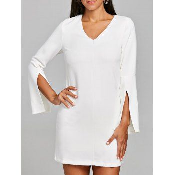 

V Neck Split Sleeve Mini Dress, White