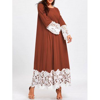 

Lace Trimmed Long Sleeve Shift Maxi Dress, Dark auburn