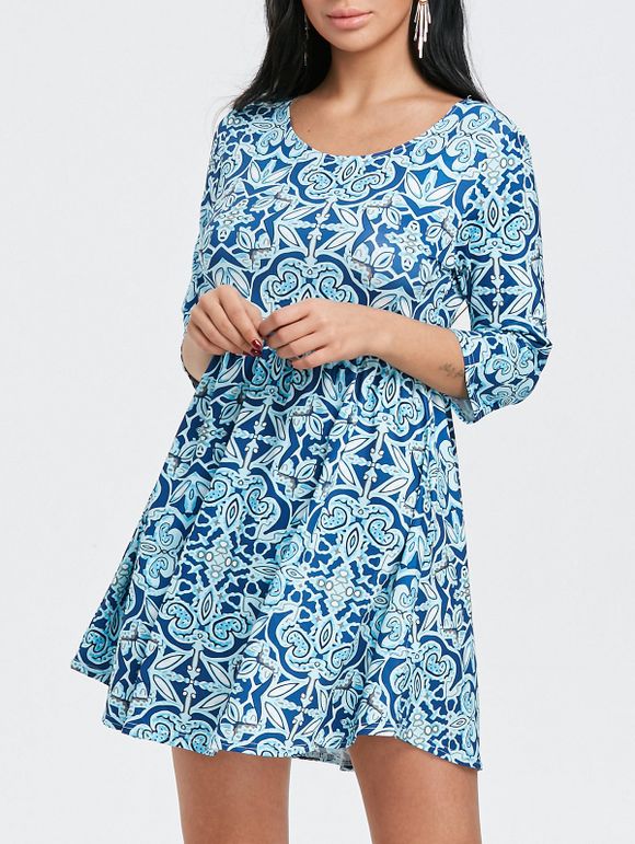 Mini-robe à Imprimé Floral à Encolure Dégagée - Bleu S