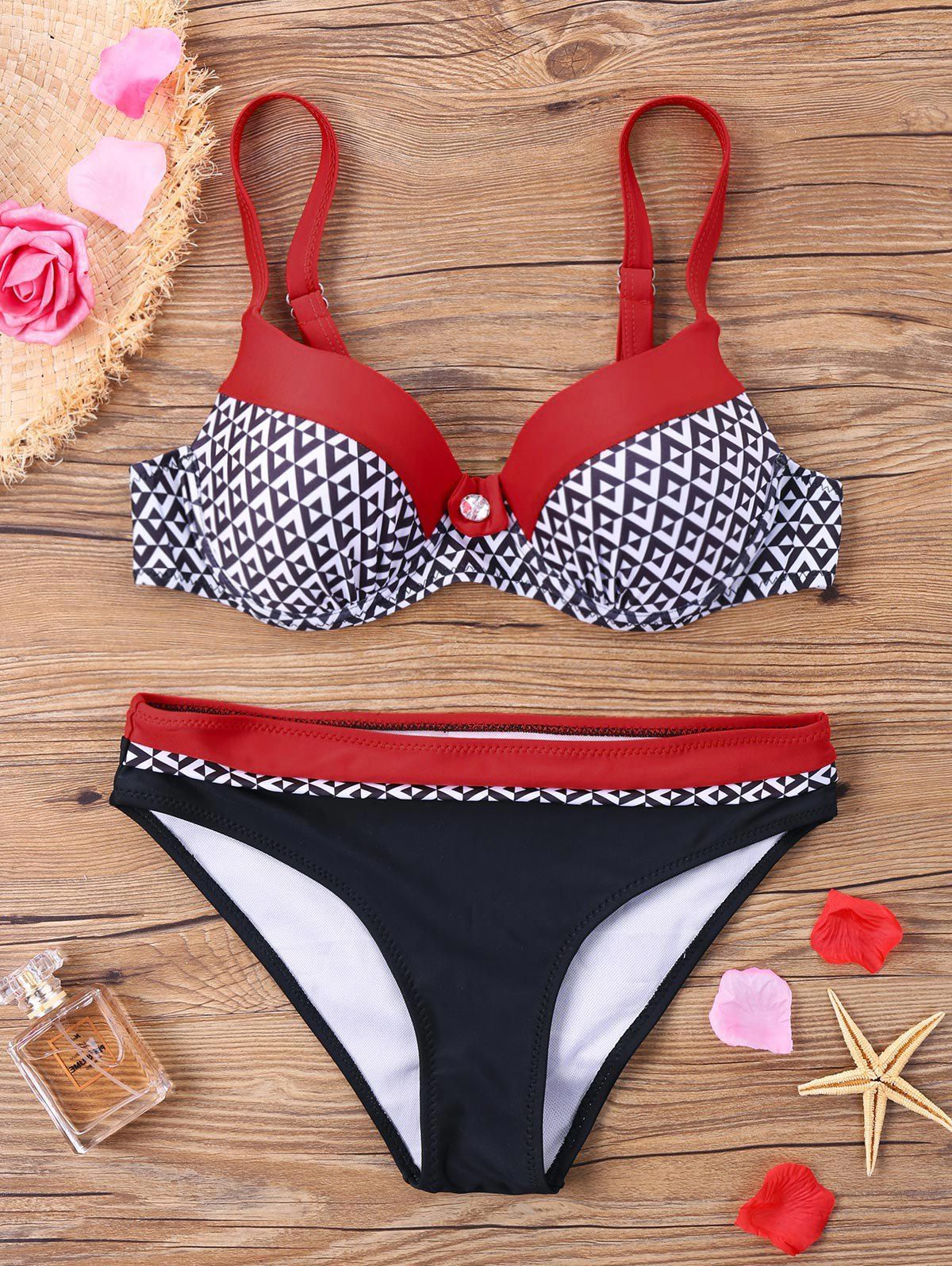 

Chevron Contrast Trim Bikini Set, Red