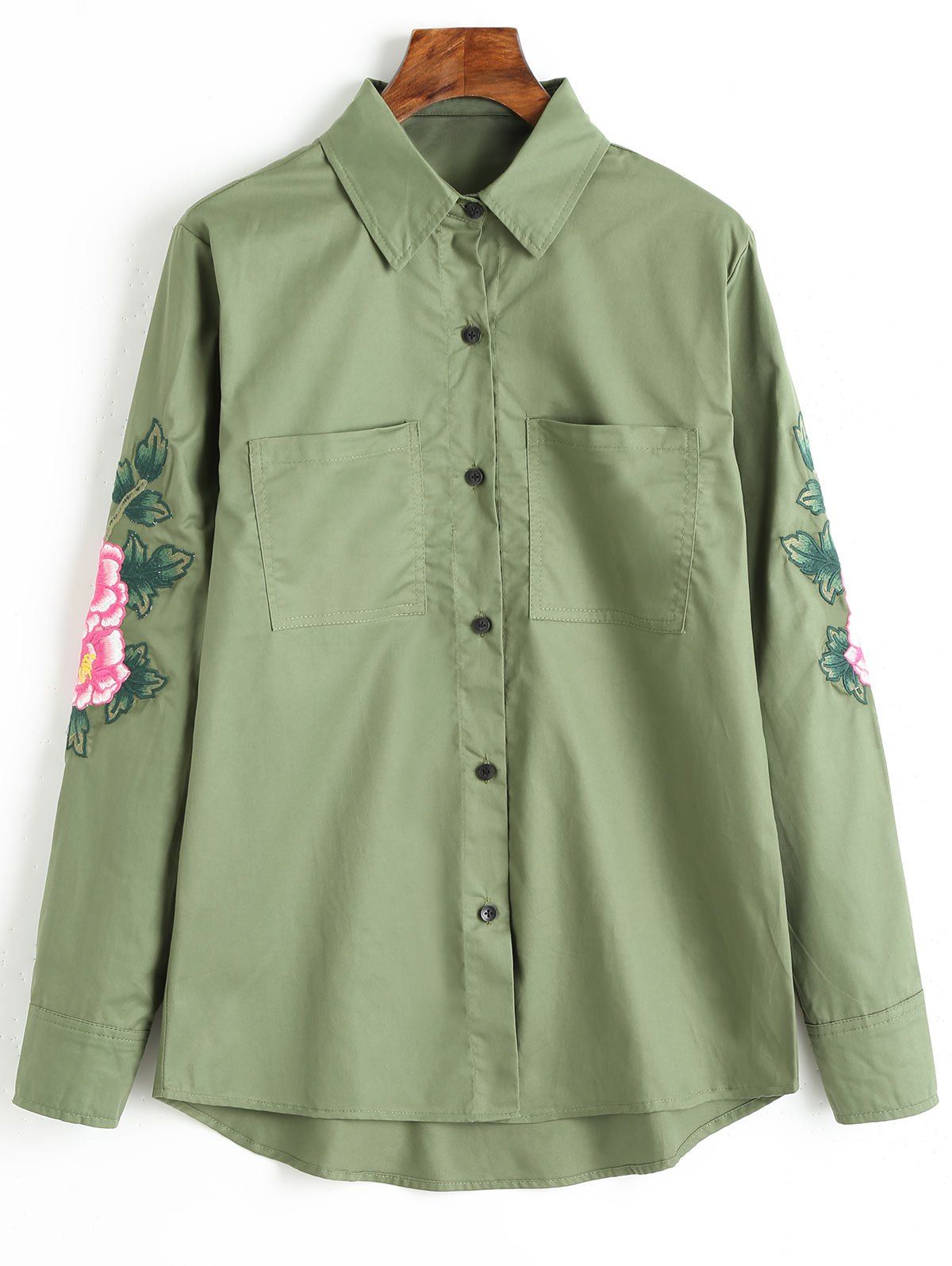 

Button Up Flower Embroidered Patch Shirt, Army green