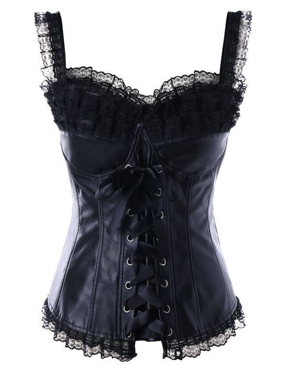 Haut en corset à empiècements en dentelle avec nœud en acier - Noir XL