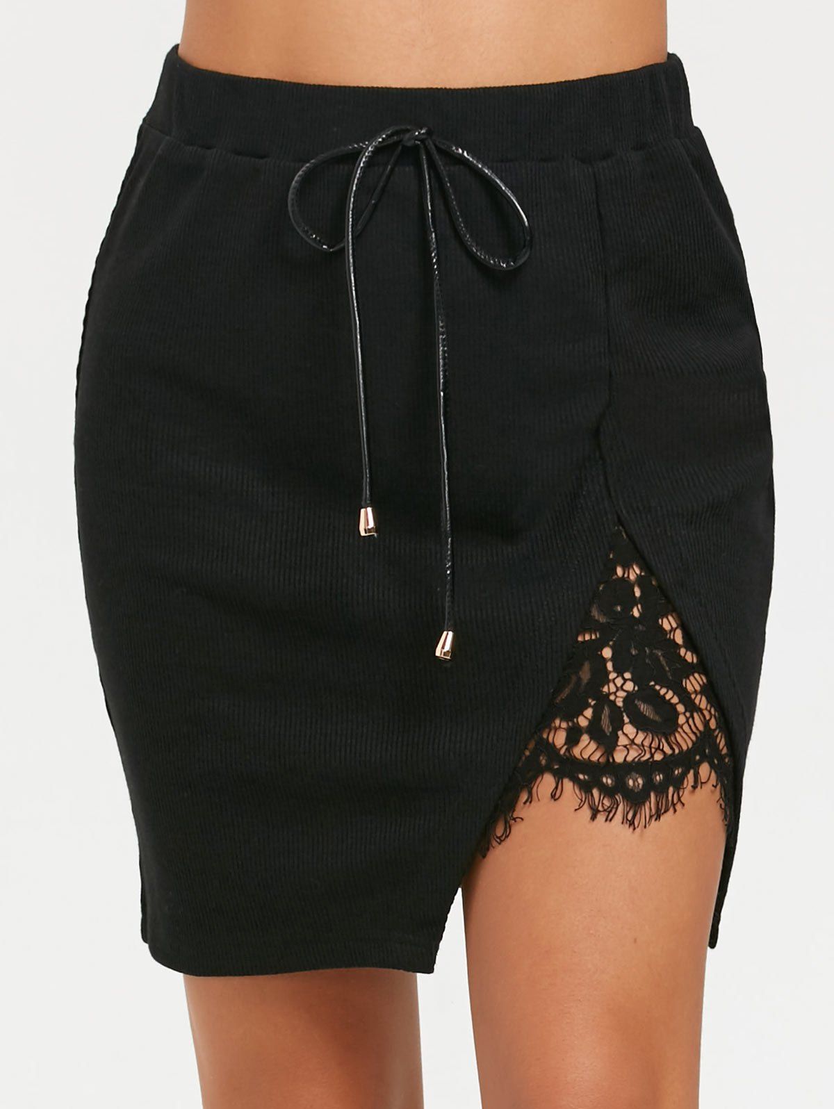 Split Lace Panel High Waist Short Skirt - BLACK S