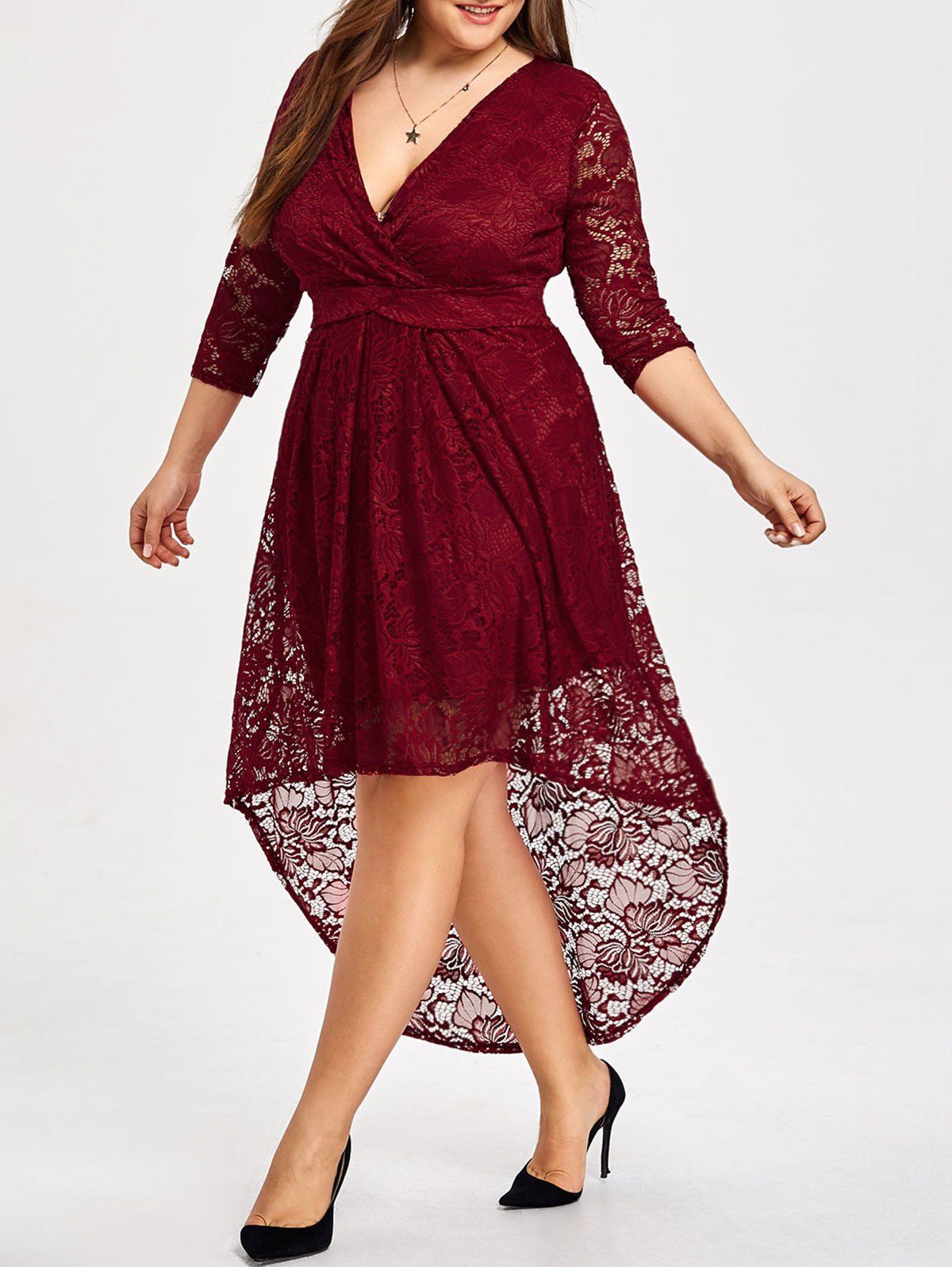 

Plus Size Lace Vintage High Low Dress, Wine red