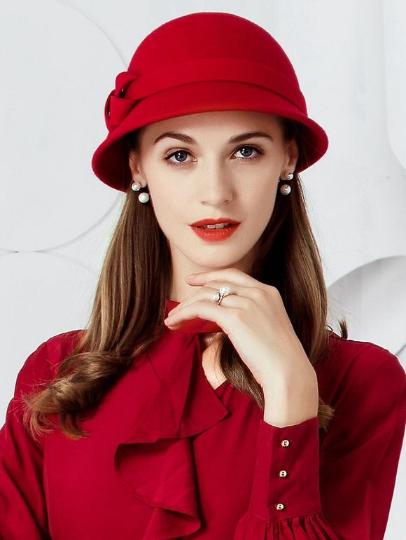 Chapeau Casemate Habillé en Imitation Laine Orné Nœud Style Vintage - Rouge 
