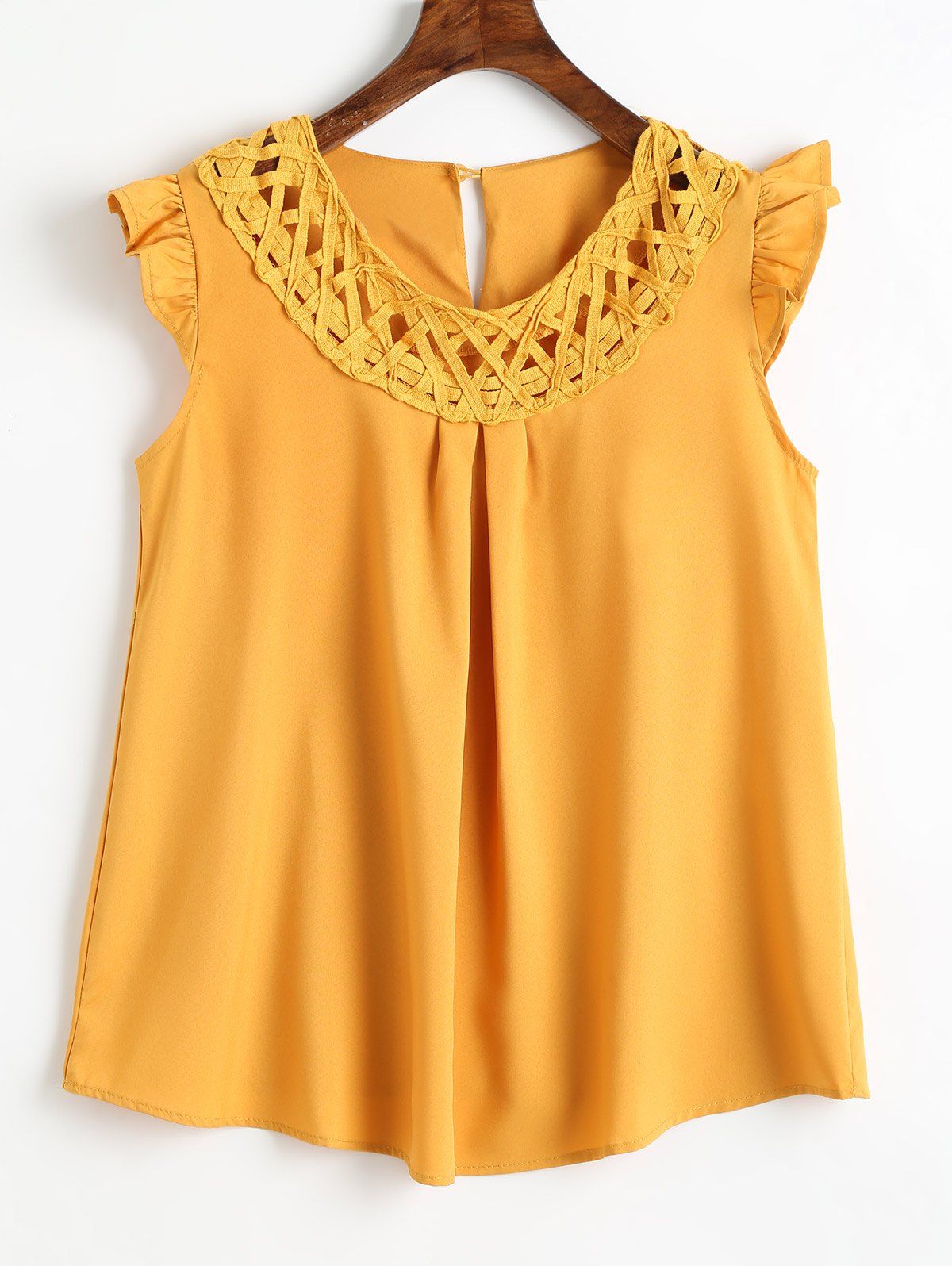 

Crochet Panel Frills Keyhole Blouse, Mustard