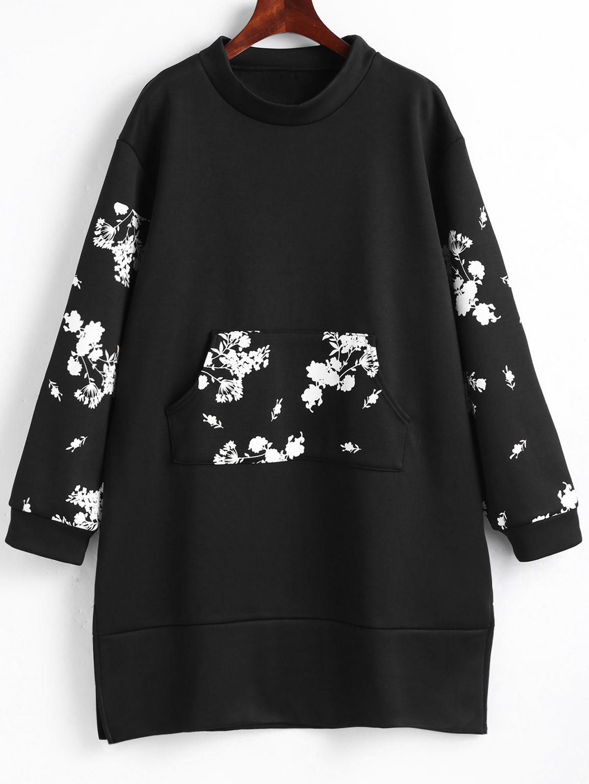 

Floral Front Pocket Plus Size Sweatshirt Dress, Black