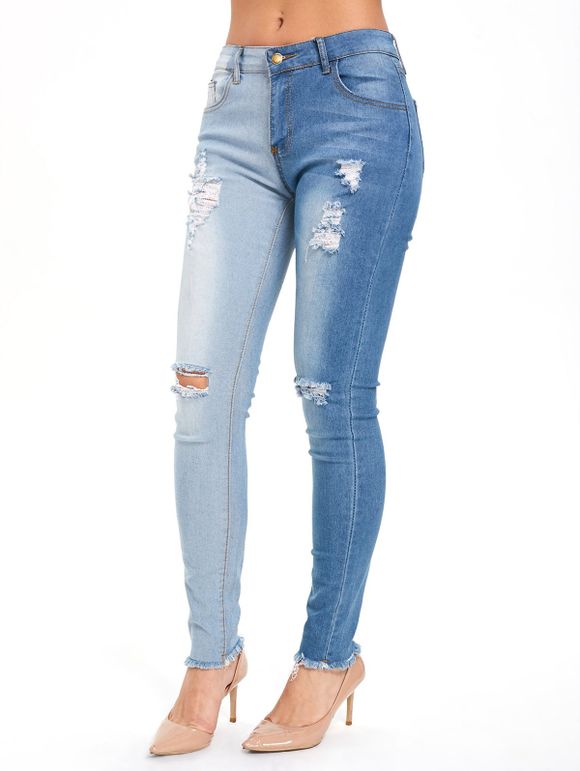 Jeans Taille Haute Déchiré et en Bloc de Couleur - Bleu Toile de Jean 2XL