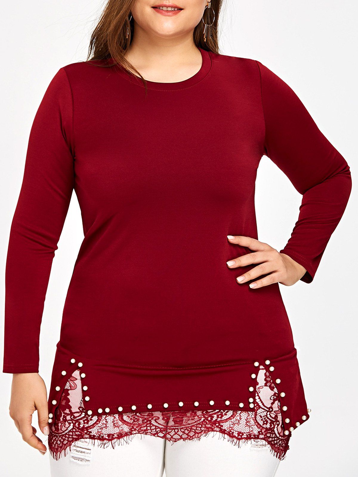 

Plus Size Lace Trim Tunic Top, Wine red