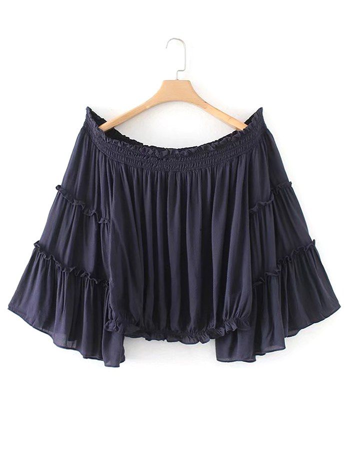 

Off Shoulder Ruffles Smocked Panel Blouse, Purplish blue