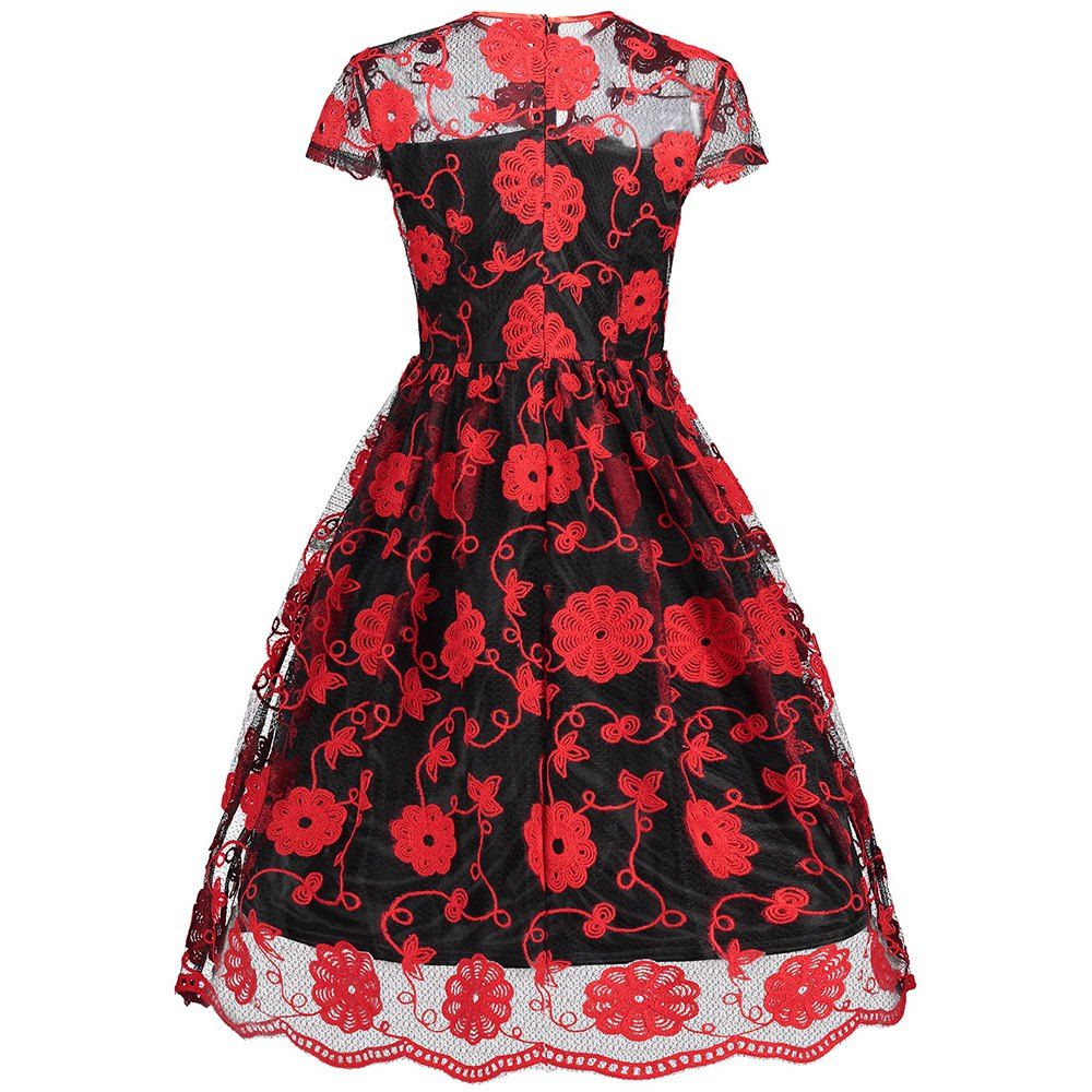 

Keyhole Mesh Embroidered Vintage Dress, Red with black