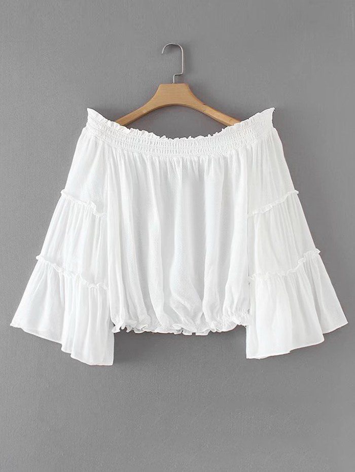 

Off Shoulder Ruffles Smocked Panel Blouse, White
