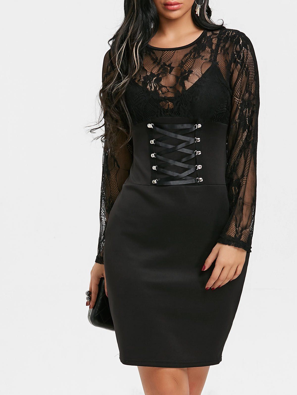 

See Through Lace Insert Bodycon Mini Dress, Black
