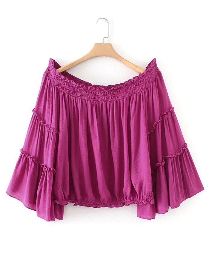 

Off Shoulder Ruffles Smocked Panel Blouse, Purple red