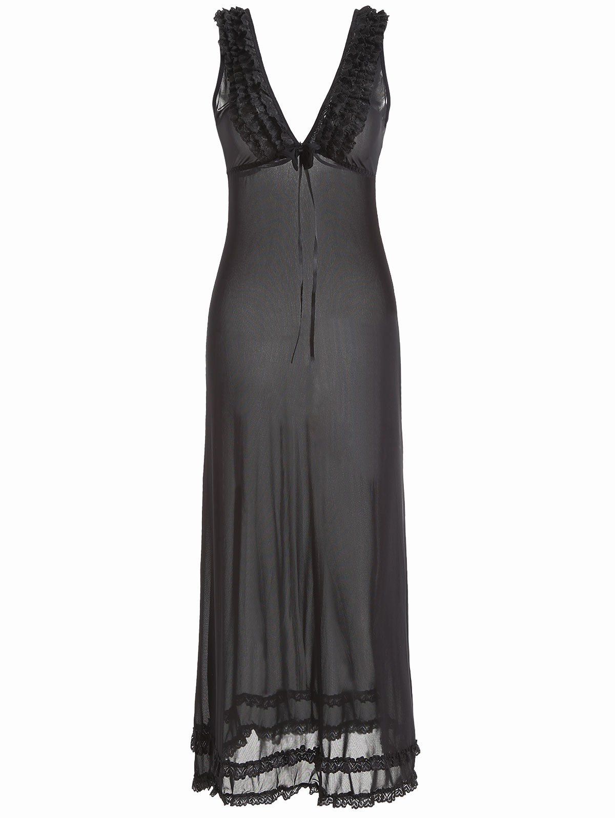 

Long Plunge Neck Mesh Lingerie Dress, Black