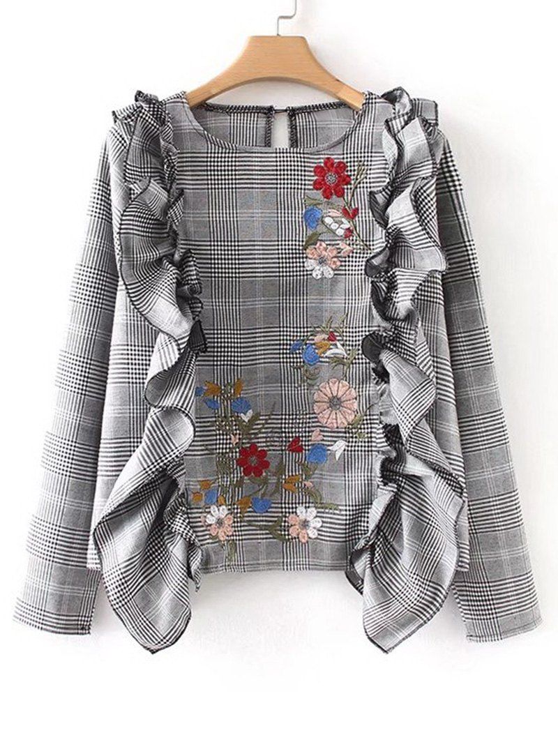 

Floral Embroidered Ruffles Plaid Blouse, Checked