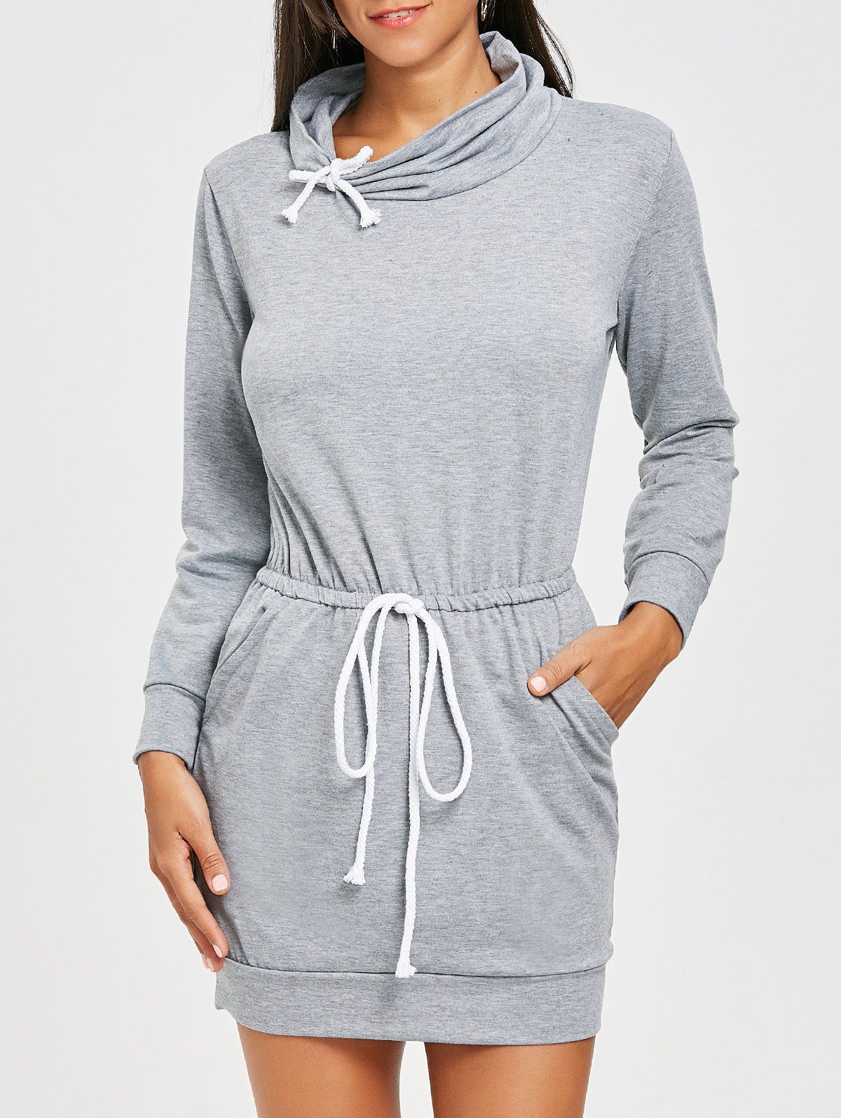 

Drawstring High Neck Mini Dress, Light gray