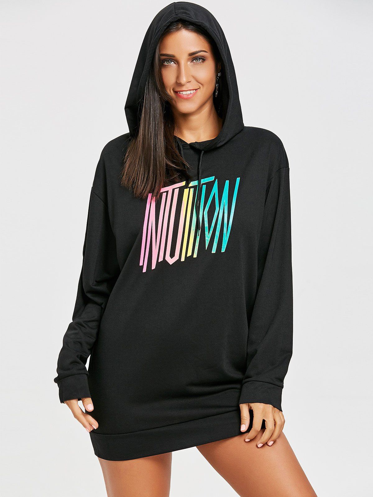 

Graphic Drawstring Tunic Hoodie, Black