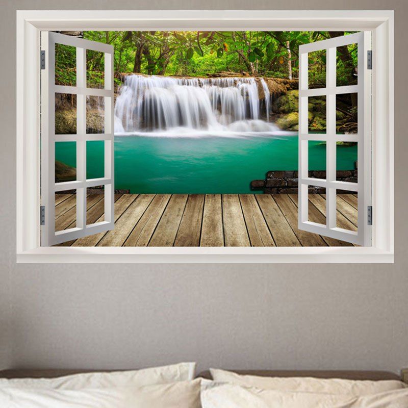 

Nature Forest Waterfall Scenery Faux Window Frame Pattern Removable Wall Sticker, Green