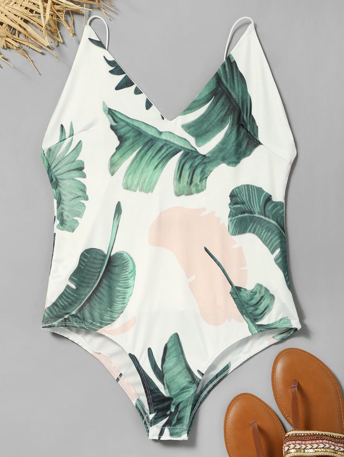 

Leaves Print Spaghetti Strap Bodysuit, White