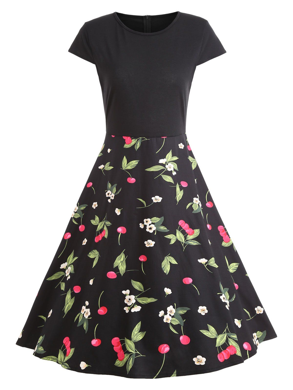 

Print Cap Sleeve Vintage Flare Dress, Black