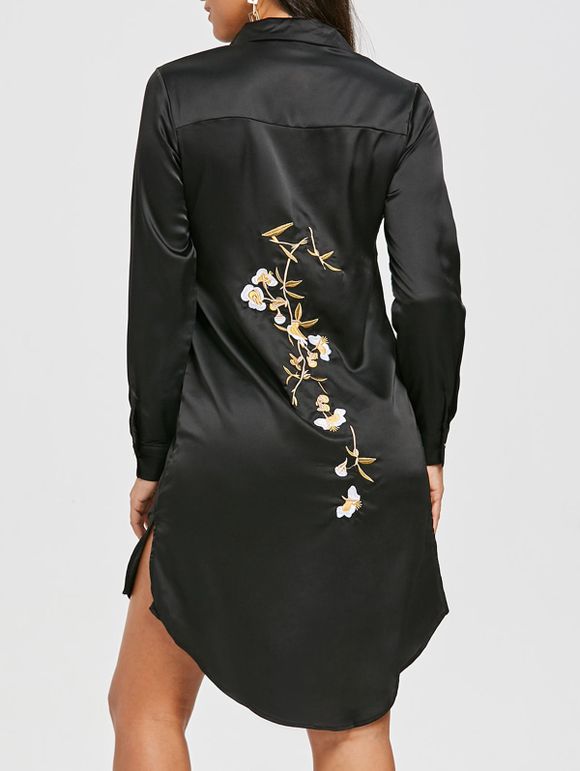 Robe Chemise Fendue Brodée Haute-Bas - Noir XL