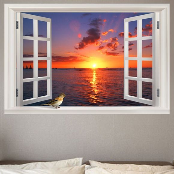 Bord de la mer coucher de soleil amovible fenêtre vue sticker mural - coloré W20 INCH * L27.5 INCH