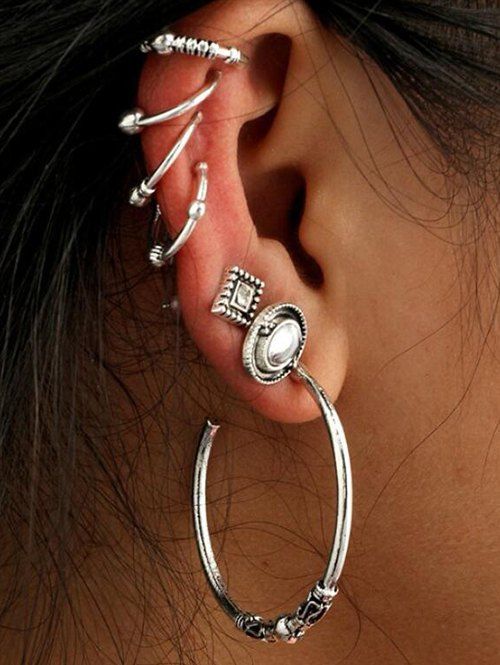 Ensemble de boucles d'oreilles cartilage cercle Vintage géométrique - Argent 