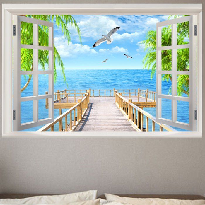 

Wooden Bridge Seagull Removable Window View Wall Sticker, Blue