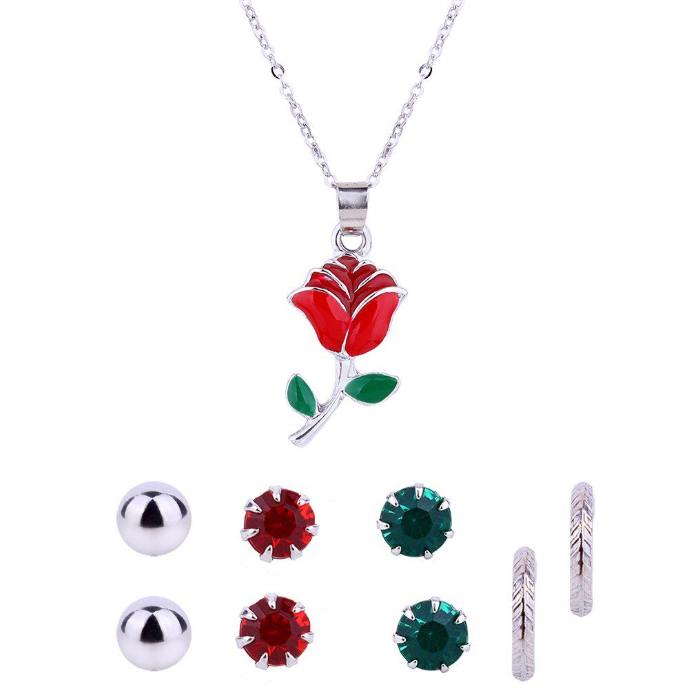 

Rose Flower Necklace and Rhinestone Earrings, Silver