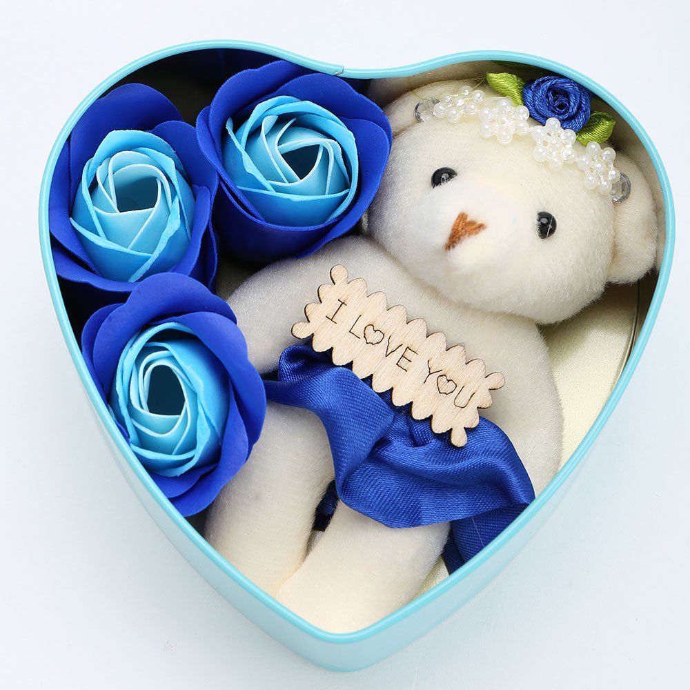 

3PCS Soap Roses Flowers and 1PC Bear in a Iron Box Valentine's Day Gift, Cyan