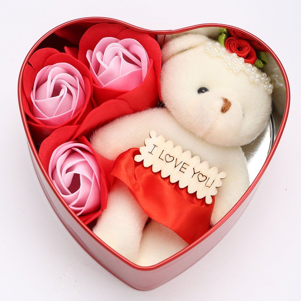 

3PCS Soap Roses Flowers and 1PC Bear in a Iron Box Valentine's Day Gift, Red