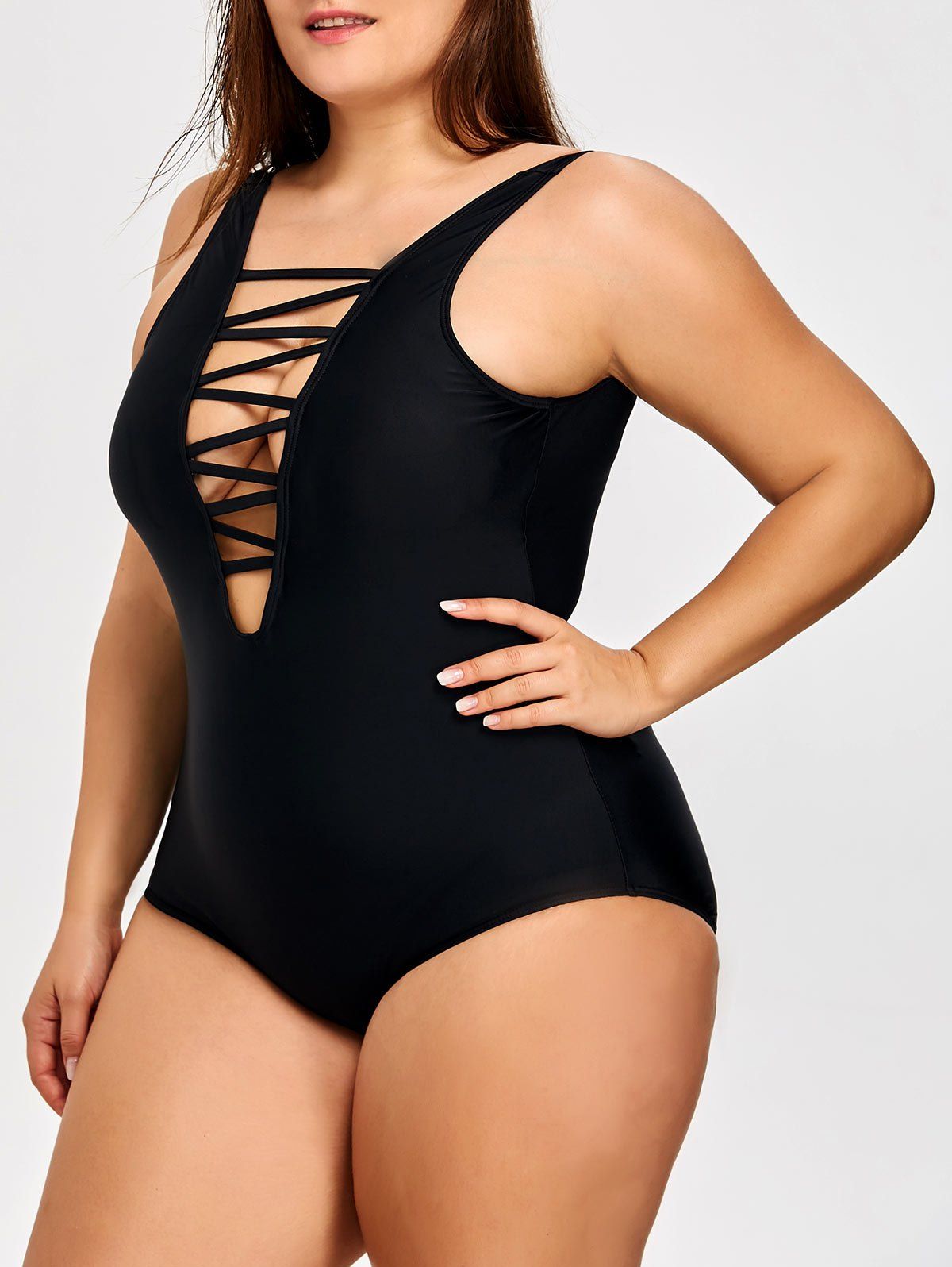 One Piece Lattice Front Plus Size Swimsuit - BLACK 2XL