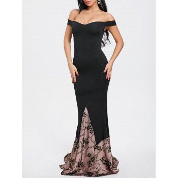

Applique Insert Off Shoulder Evening Dress, Black