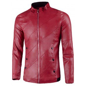 

Flap Button Embellished Zip Up Faux Leather Jacket, Red
