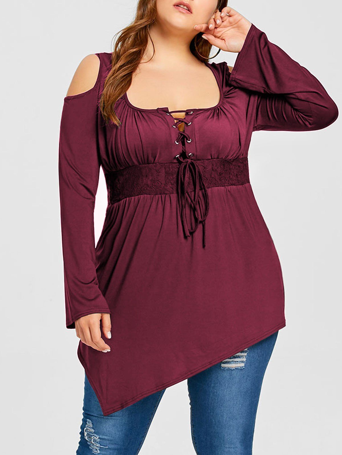 

Plus Size Cold Shoulder Lace Up Tee, Wine red