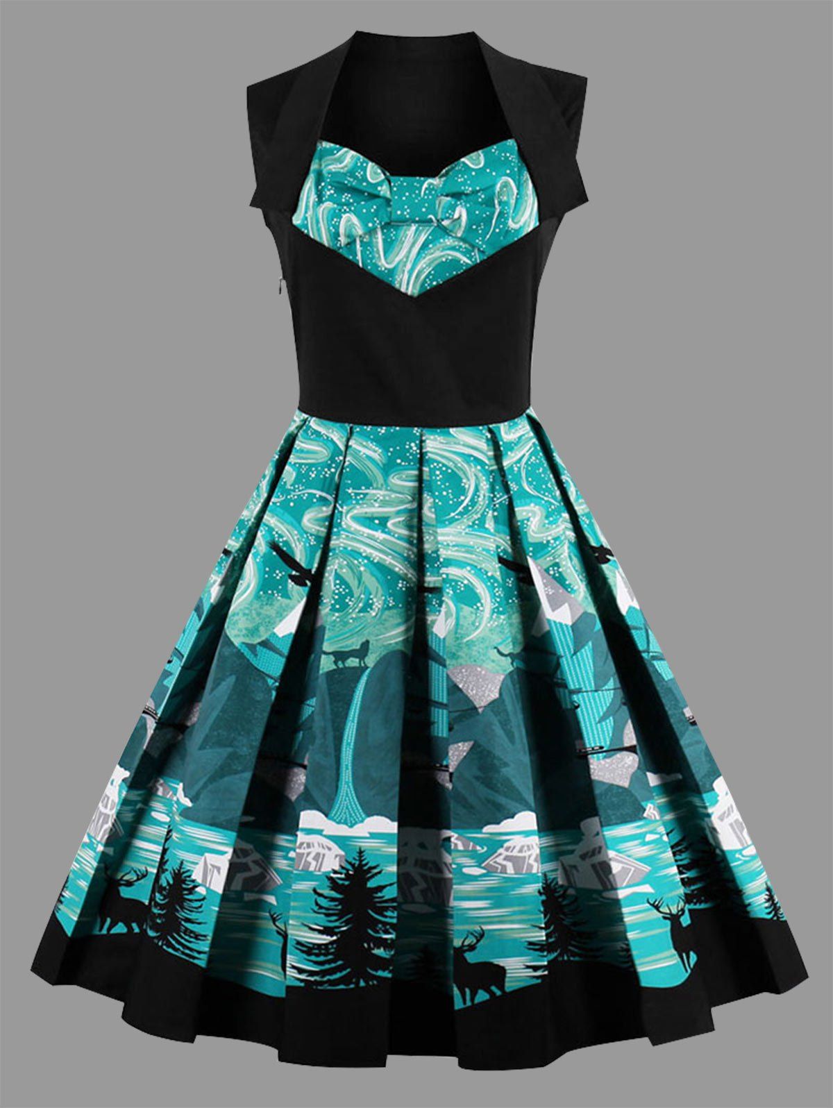 

Forest Print Bowknot Plus Size Vintage Dress, Black