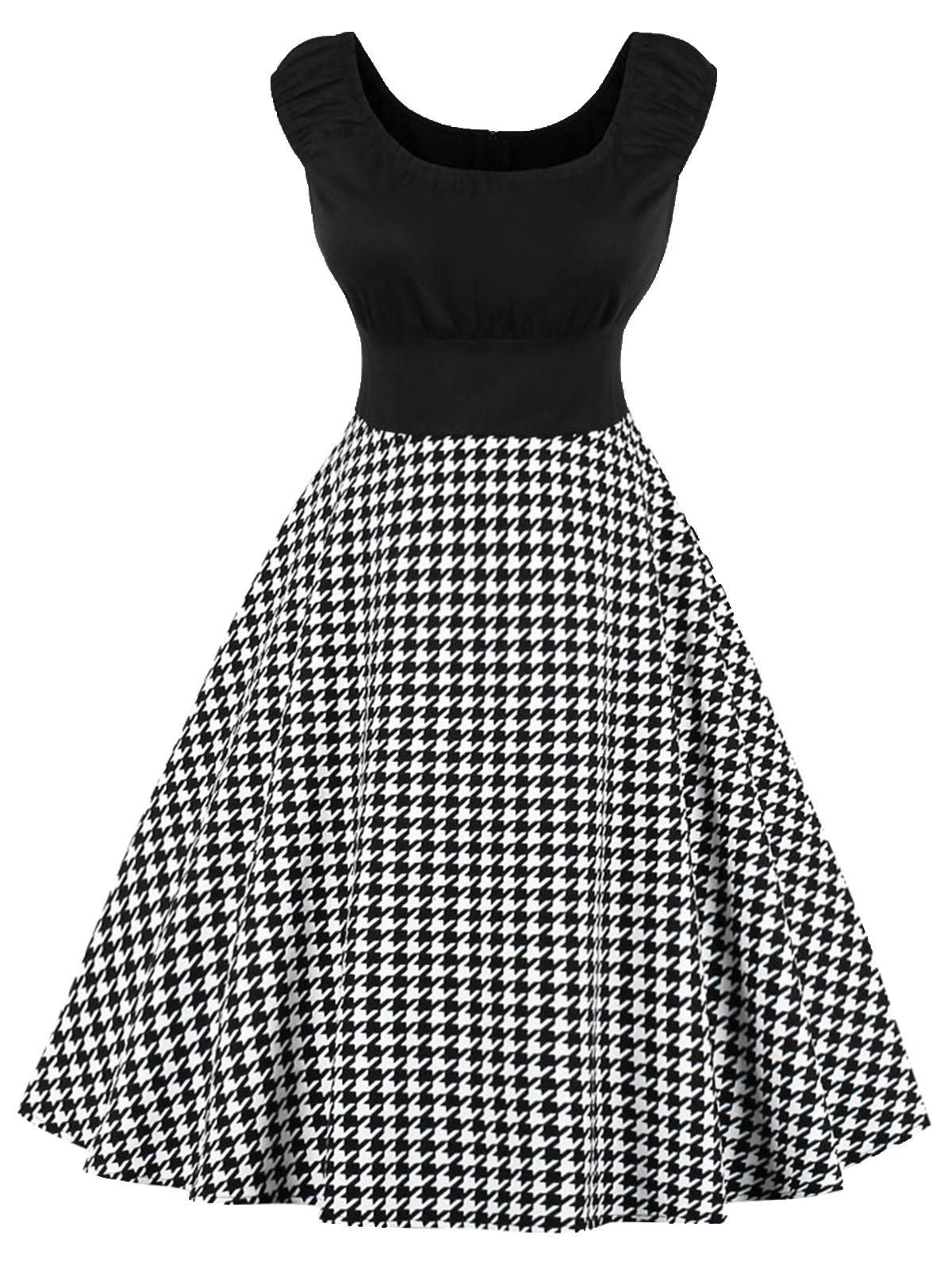 

Houndstooth Print Cap Sleeve Plus Size Dress, Black